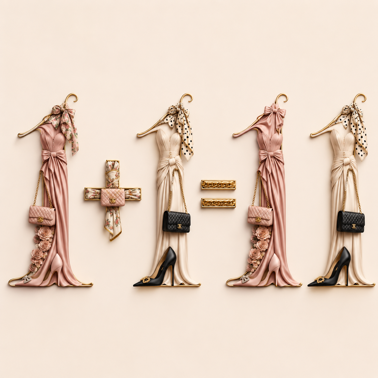 Four pink evening gowns with matching handbags and heels, arranged in a row on a beige background, with a gold '=' symbol between them, suggesting fashion equality or balance.