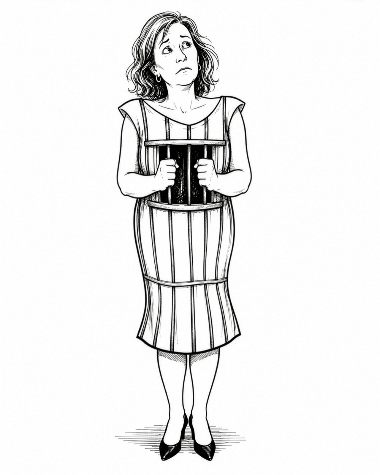 Worried woman standing inside a barrel-shaped cage, gripping vertical bars with both hands.
