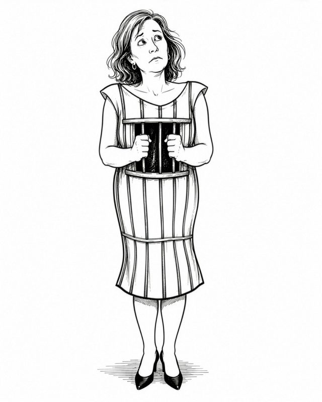 Worried woman standing inside a barrel-shaped cage, gripping vertical bars with both hands.