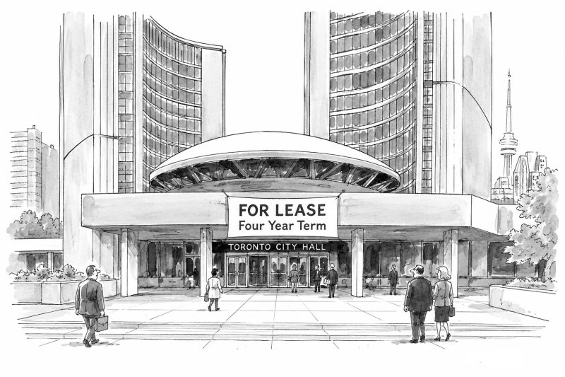 Illustration of Toronto City Hall with a large 'For Lease' banner advertising a four-year term.